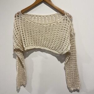 Women Cream Tan Large Crochet Top Crop Mesh Open Knit Festival Boho
